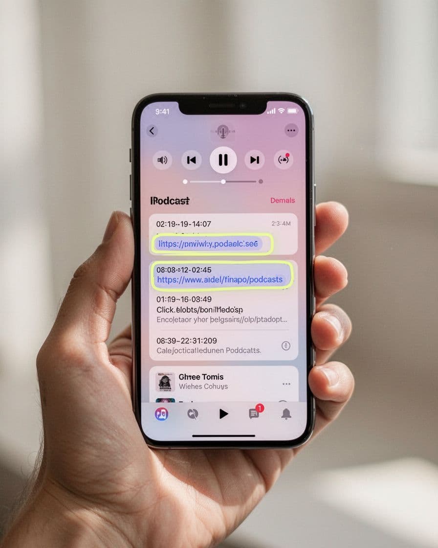 Hand holds smartphone showing podcast app with show notes, bold timestamps, links, and top player controls against blurred background.