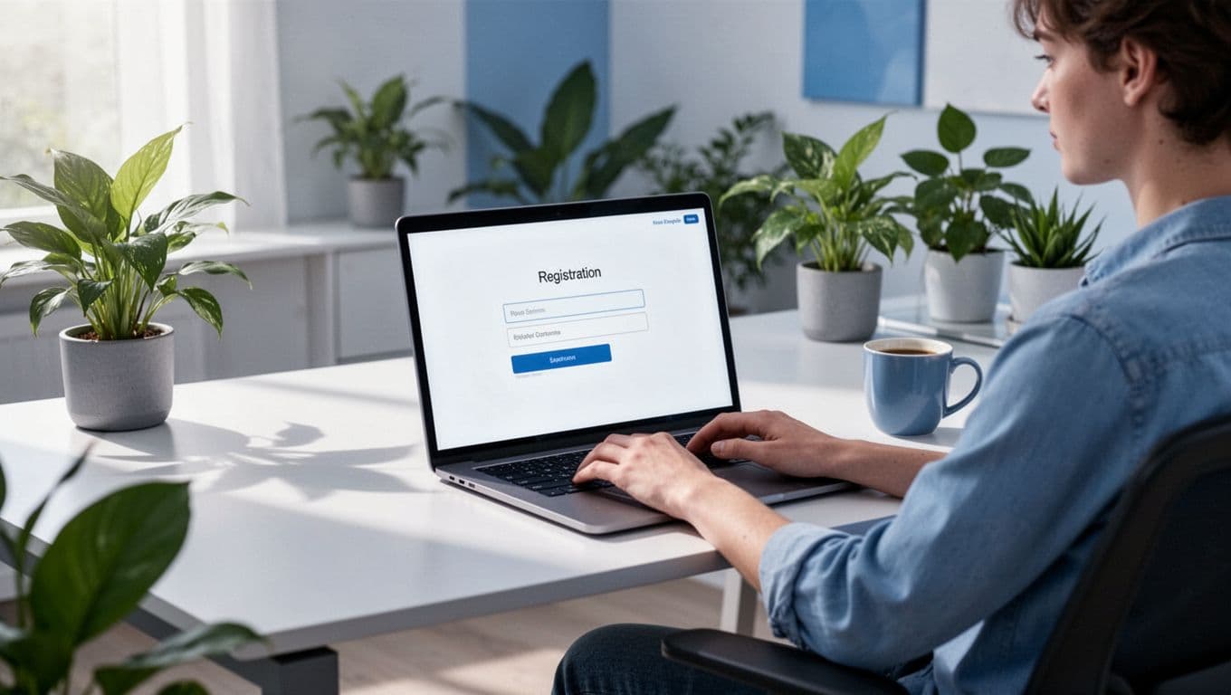 Person sits relaxed at modern desk with laptop open to signup form, hands on keyboard, plants and coffee mug in bright home office.
