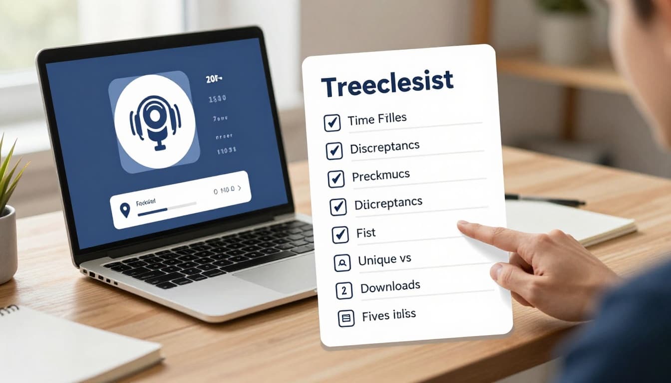 Modern illustration of a troubleshooting checklist on a notepad next to a laptop showing podcast stats, with icons for time ranges, filters, and unique vs downloads in a cozy workspace.