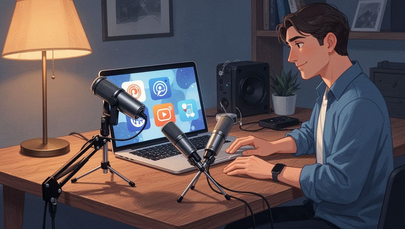Podcaster sits at wooden desk in cozy home studio with laptop showing promotion icons and crossed microphones in foreground.