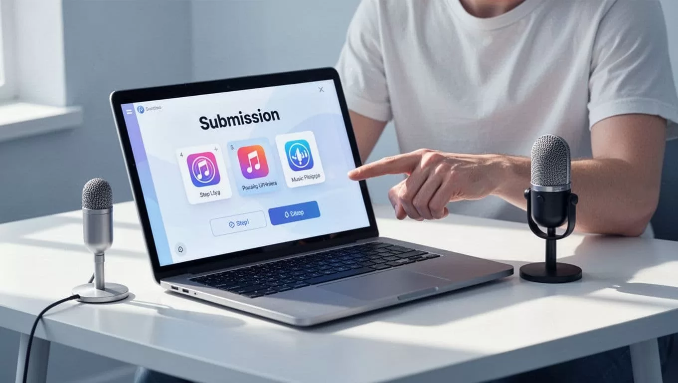 Angled laptop shows step-by-step podcast submission dashboard with platform buttons, relaxed hand pointing, microphone on desk.