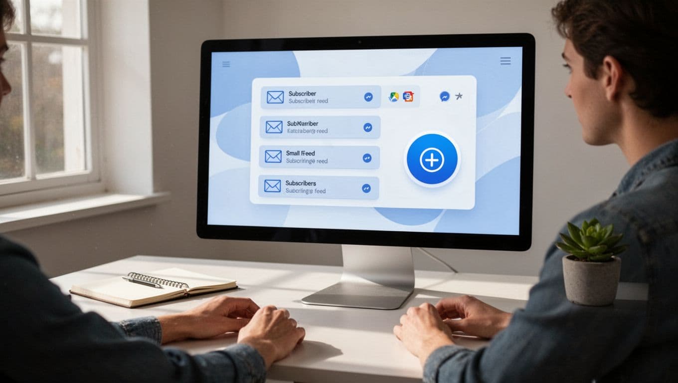 Person at desk views computer screen showing subscriber emails with RSS icons and add button in simple office.