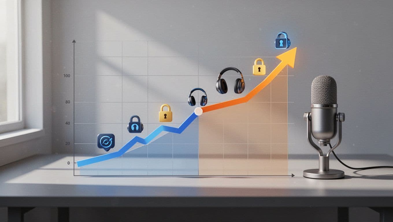 Modern illustration of an upward trending subscriber graph for a premium podcast on Transistor.fm analytics page, featuring headphones and lock icons for private access, simple background with podcast microphone, vibrant blues and oranges.