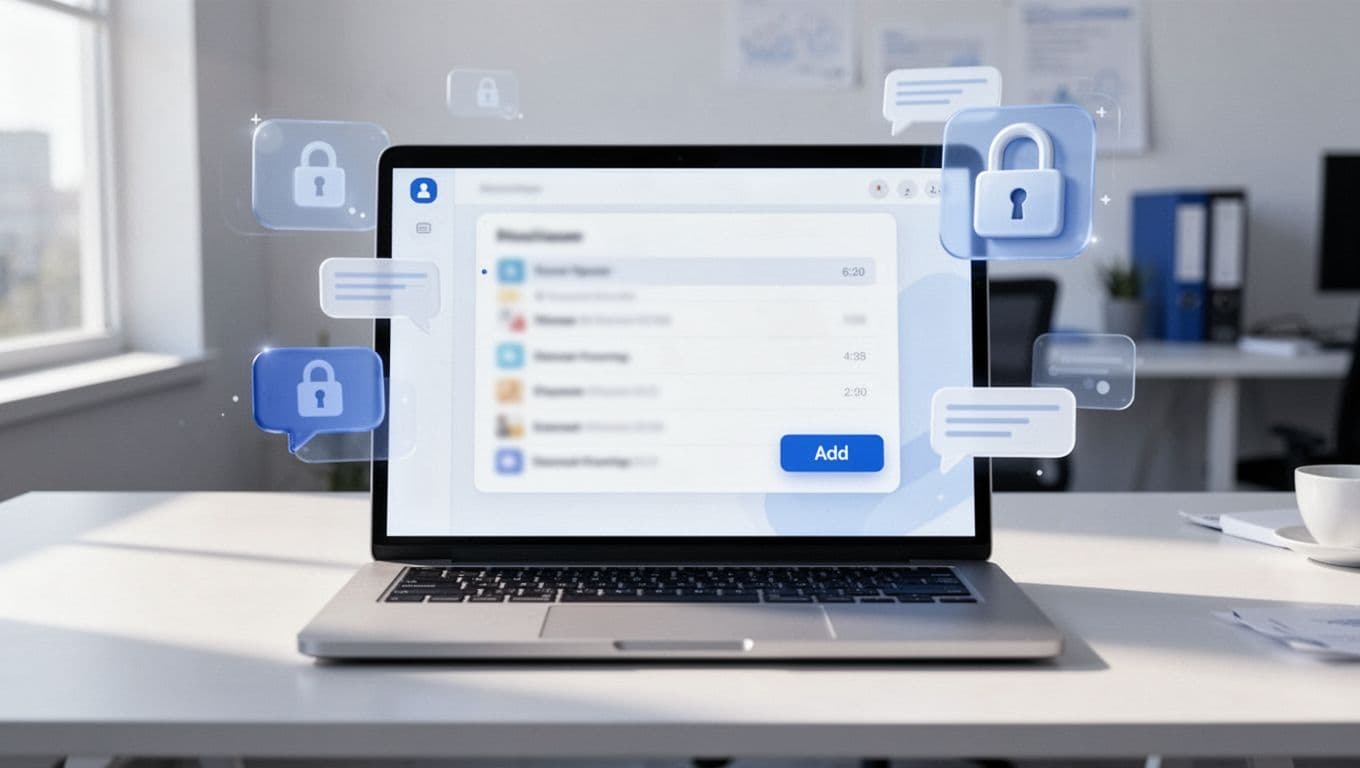 Laptop screen displays blurred subscriber emails, add button, RSS feeds, surrounded by lock icons and floating notifications.