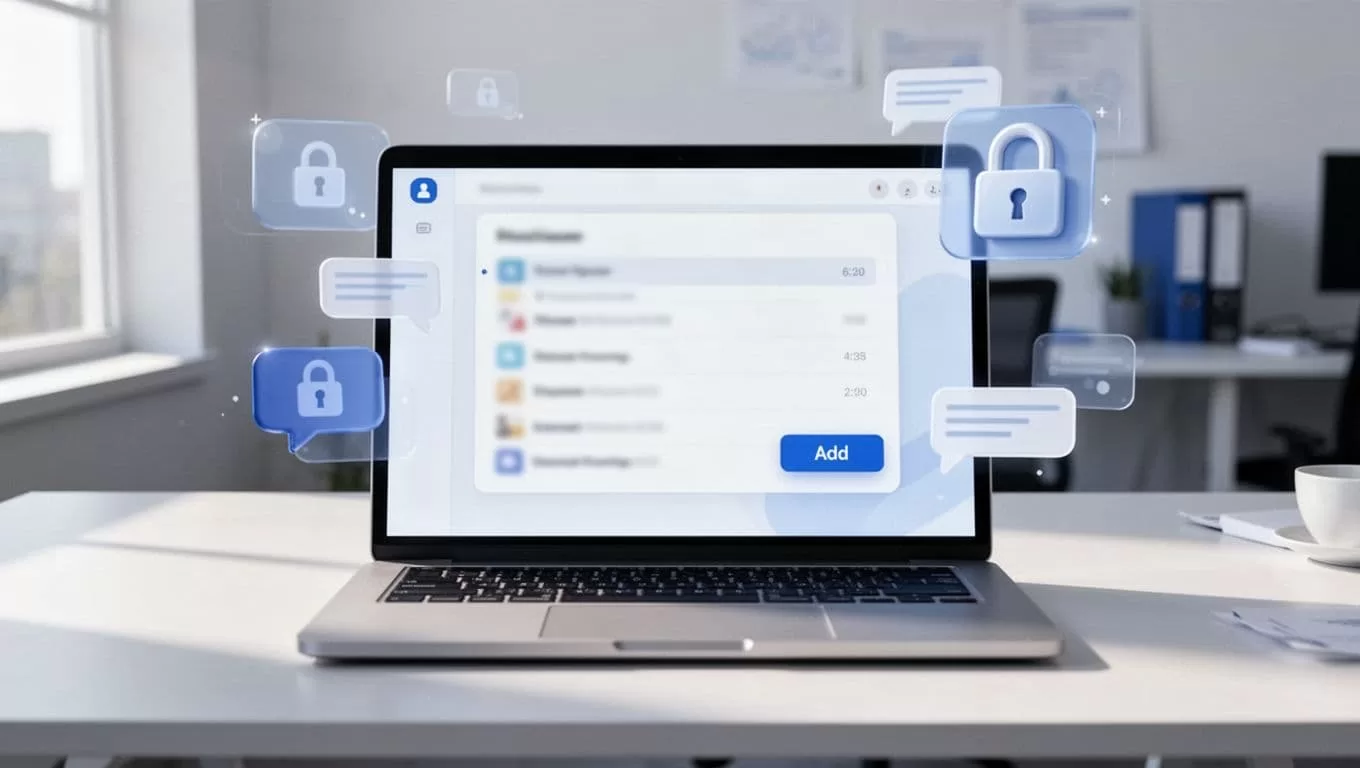 Laptop screen displays blurred subscriber emails, add button, RSS feeds, surrounded by lock icons and floating notifications.