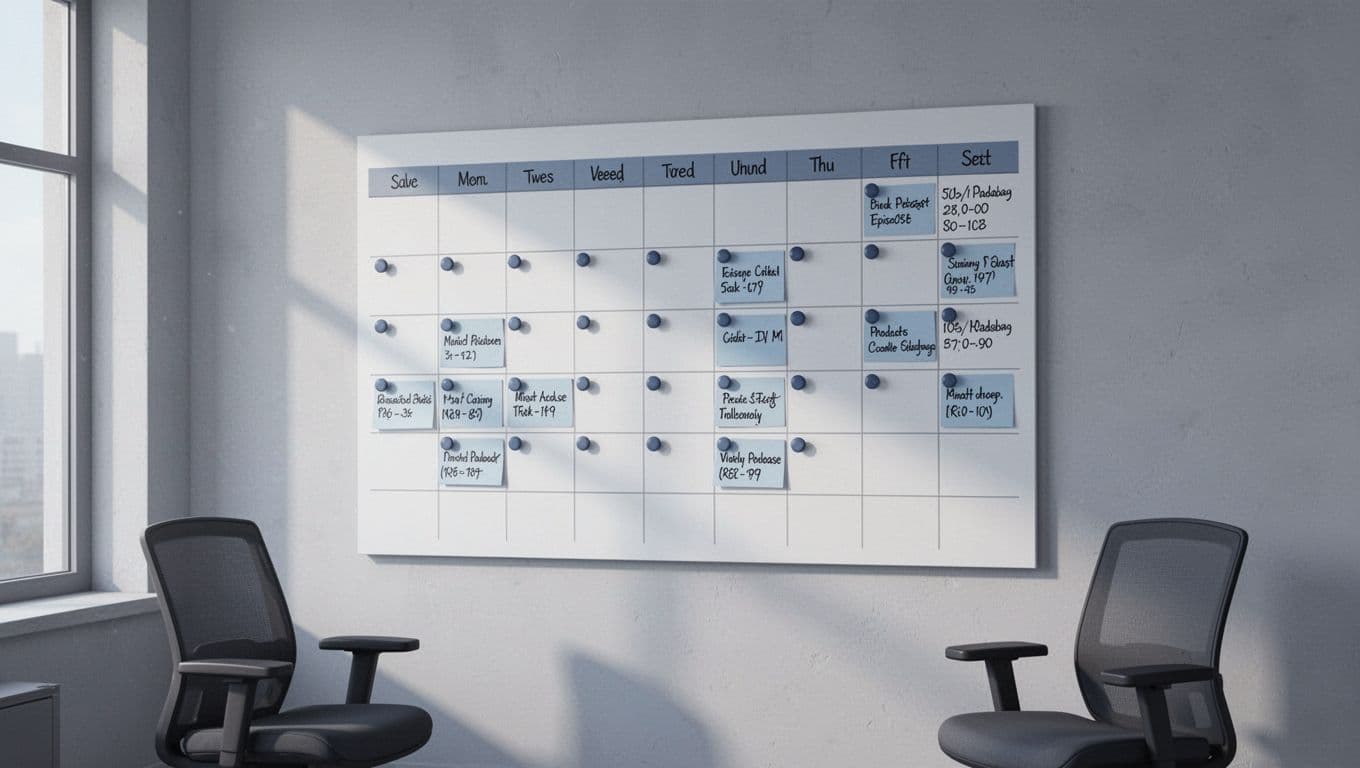 Wall calendar with pins and notes for podcast episodes in empty office with two chairs and window light.