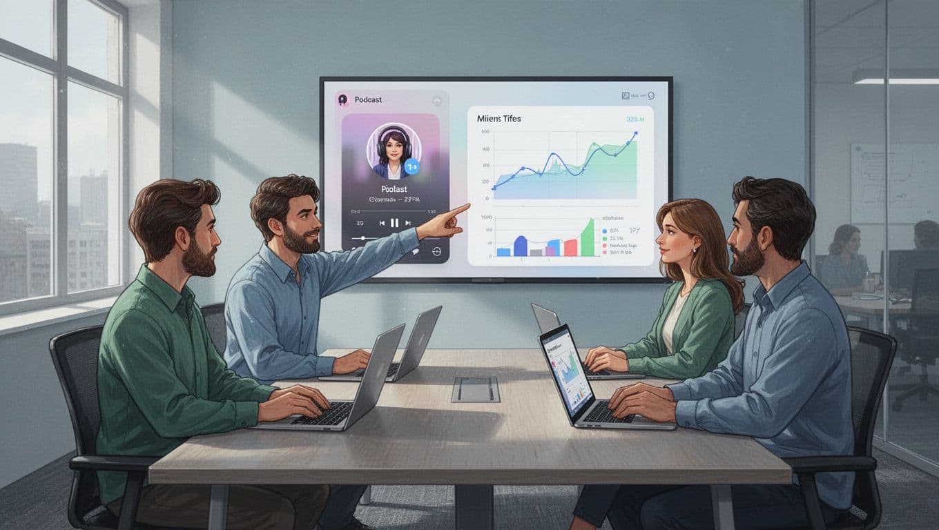 Three people around conference table in open office, one points to shared screen with podcast player and analytics chart.