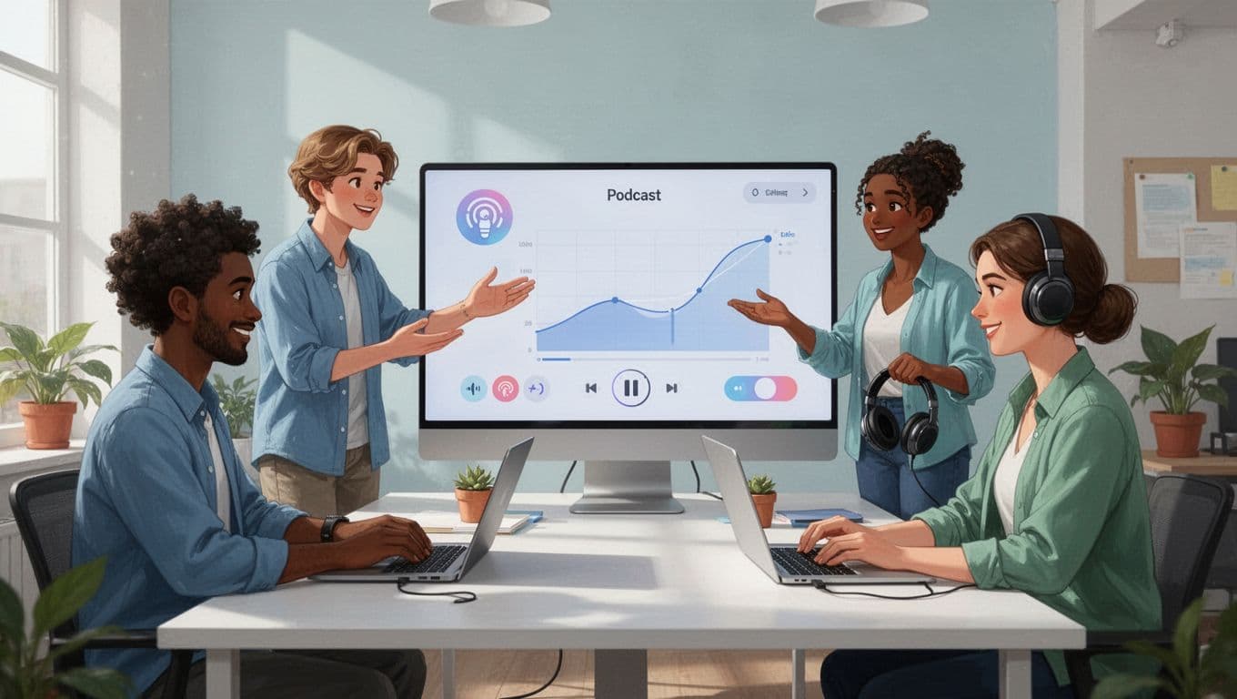 Three diverse people collaborate around a monitor showing podcast dashboard in bright co-working space.