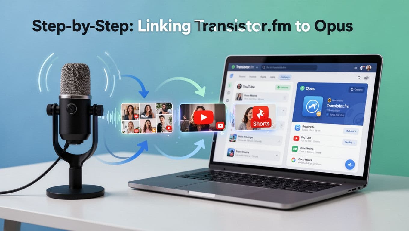 Modern illustration of a podcast microphone connected to a flow of short video clips transforming into YouTube Shorts icons, displayed on a laptop showing Transistor.fm and Opus dashboards in a clean workspace with arrows indicating the automation process.