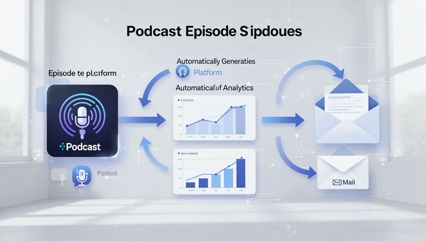 Flowchart shows podcast upload to Transistor.fm, auto-generated analytics charts, and email report delivery via connected blue-white icons.