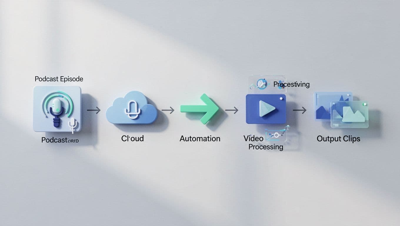 Flowchart diagram showing simple connected steps from podcast episode icon to Transistor.fm upload, Zapier automation, and Opus Clip processing with captions and shorts output icons in modern blues-greens palette.