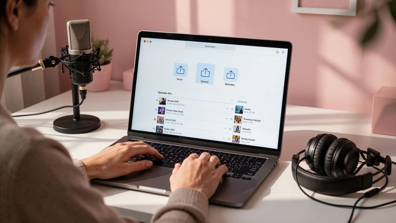 Person at desk with open laptop showing clean podcast dashboard, upload button, episode list; mic and headphones nearby in cozy office.
