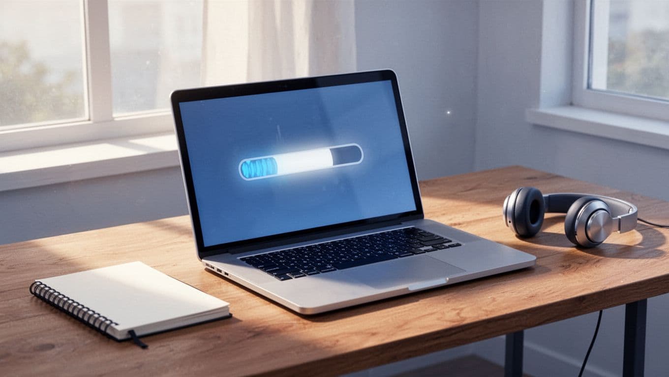 Laptop on wooden desk shows blurred audio upload progress to podcast dashboard, with notebook and headphones nearby.