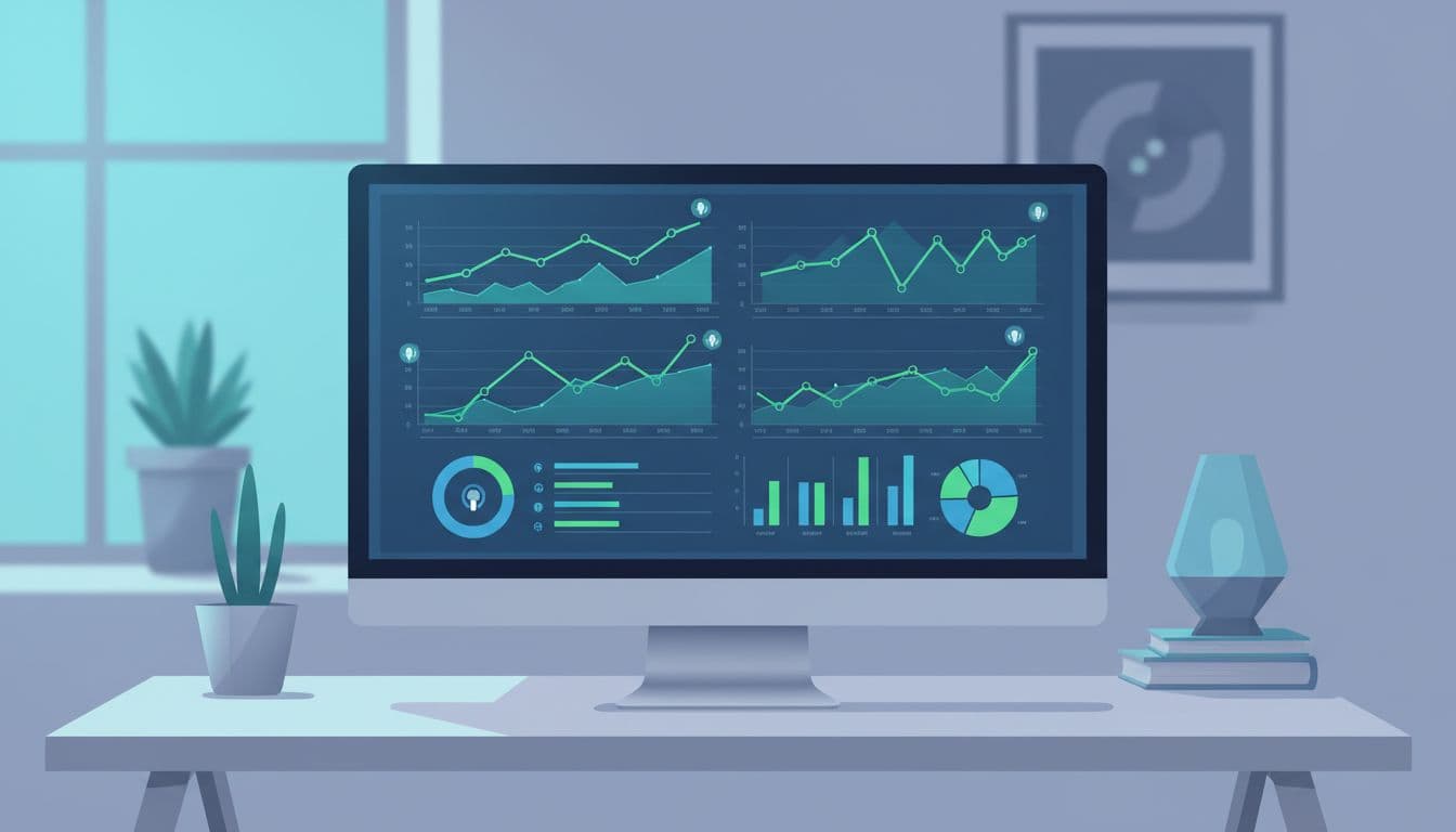 Dashboard illustration shows green uptime graphs with podcast icons in minimalist office, cool blue tones.