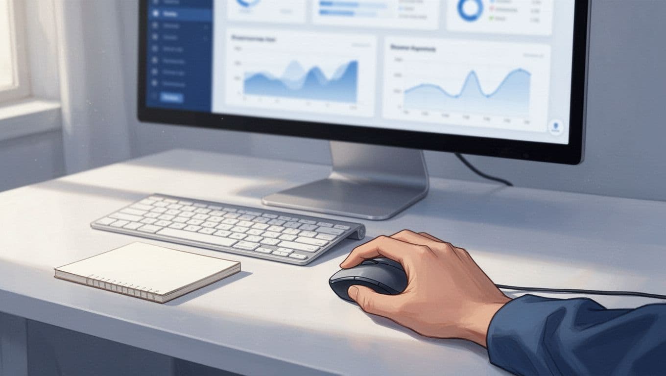 Computer screen on desk displays blurred email inbox, hand holds mouse, notepad nearby.