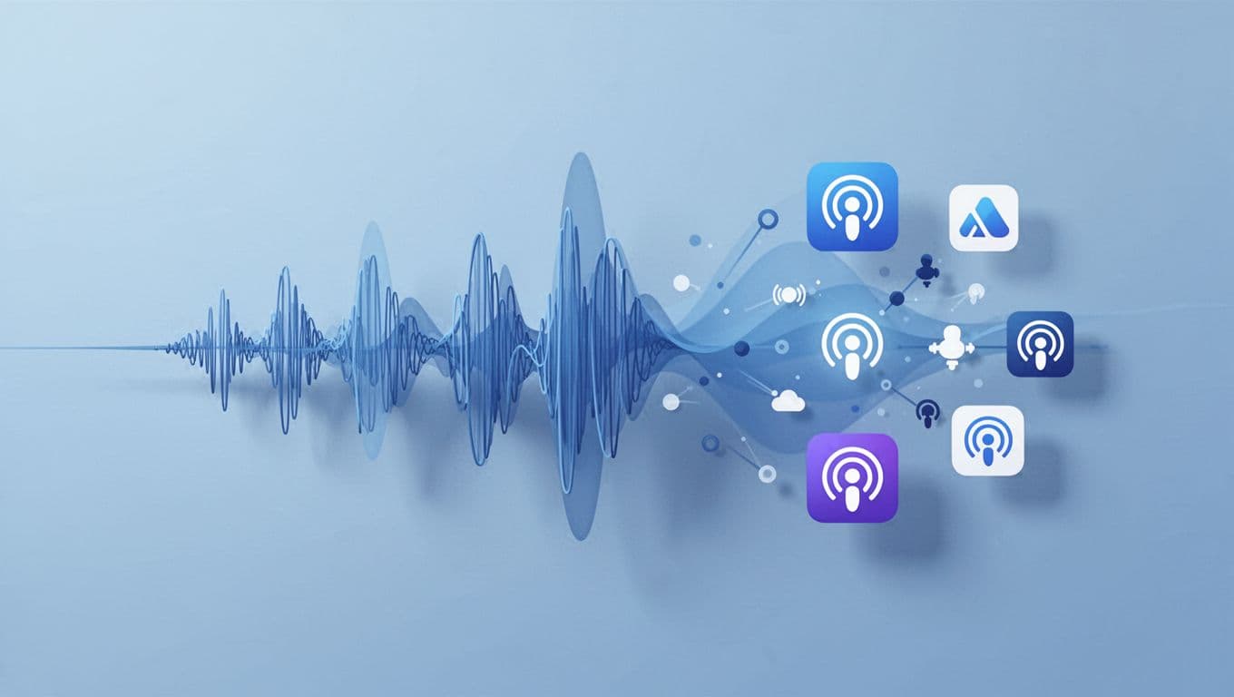 Audio waveform transforms into icons for Apple Podcasts, Spotify, and YouTube in blue tones.