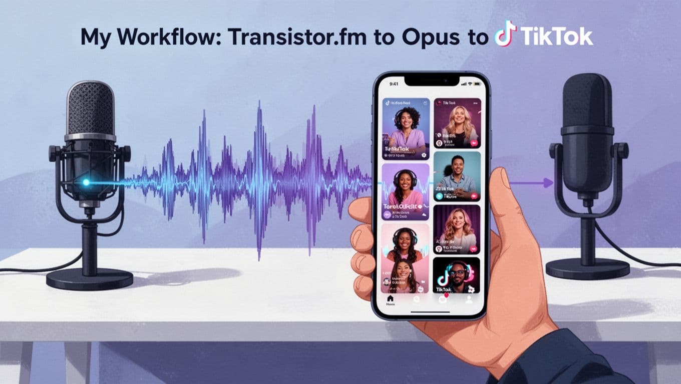 Modern illustration in clean shapes and blue-purple palette depicting a podcast episode waveform flowing into multiple vertical TikTok video thumbnails on a smartphone screen held by one hand, with a simple desk background including a microphone.