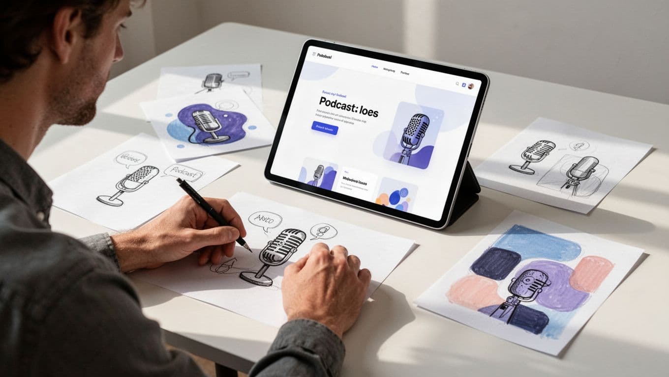 Tablet screen angled showing podcast website builder surrounded by microphone sketches and episode art, creator sketching ideas on paper nearby.