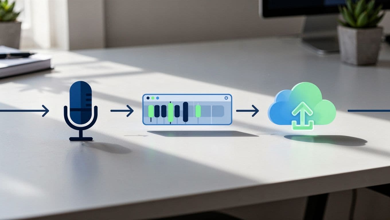 Arrows link browser microphone recording icon, editing timeline, and Transistor.fm cloud upload in Mac Safari frame on desk.