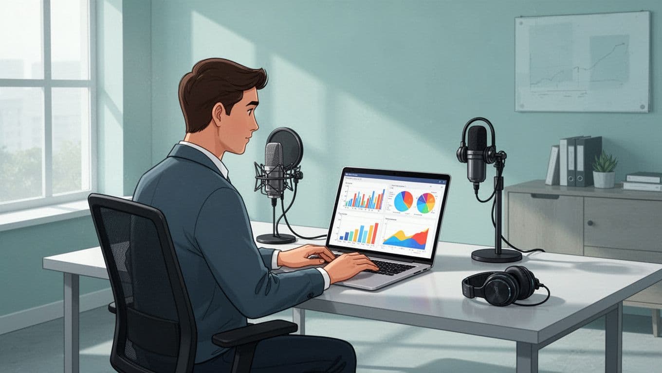 Modern illustration of a podcaster at a desk with laptop open to podcast analytics dashboard, microphone and headphones nearby in a clean office.