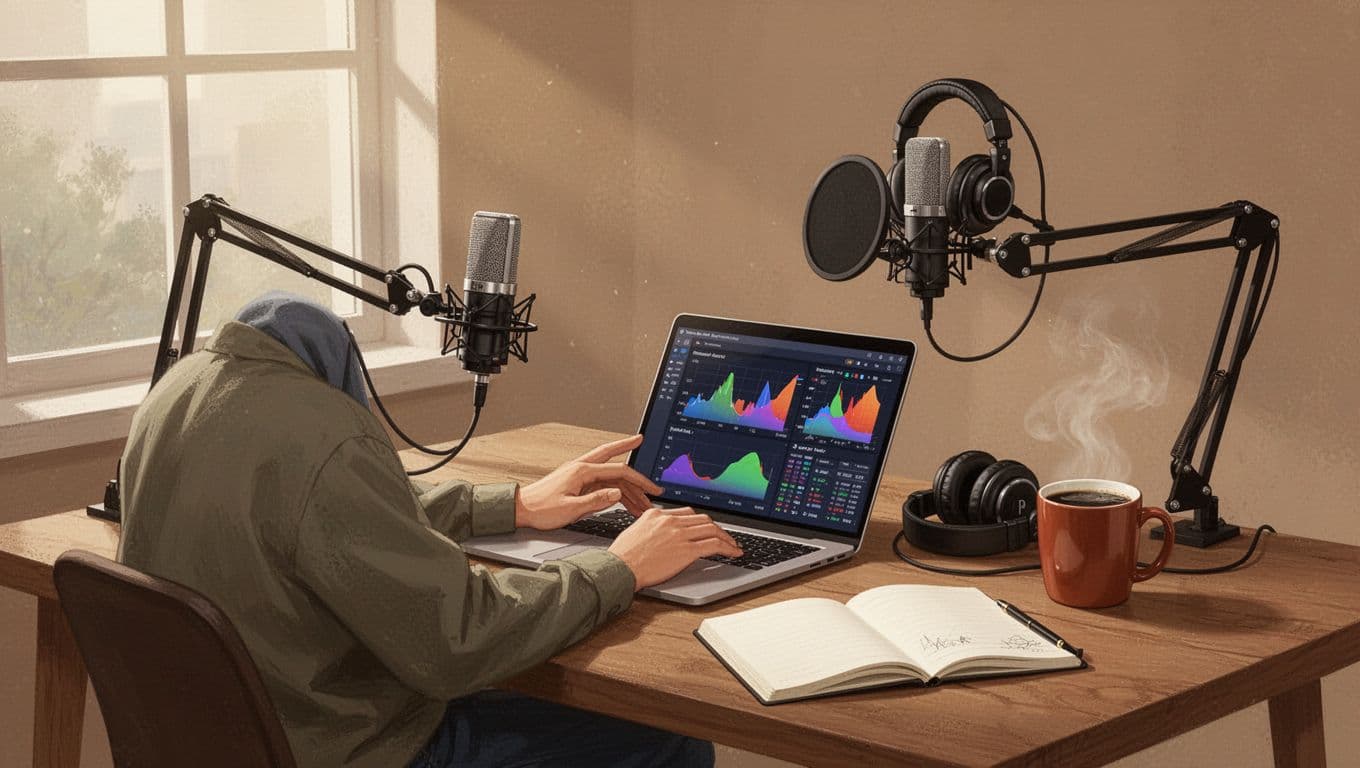 Podcaster at wooden desk with open laptop showing podcast analytics, microphone stand, headphones, notebook, and coffee mug.