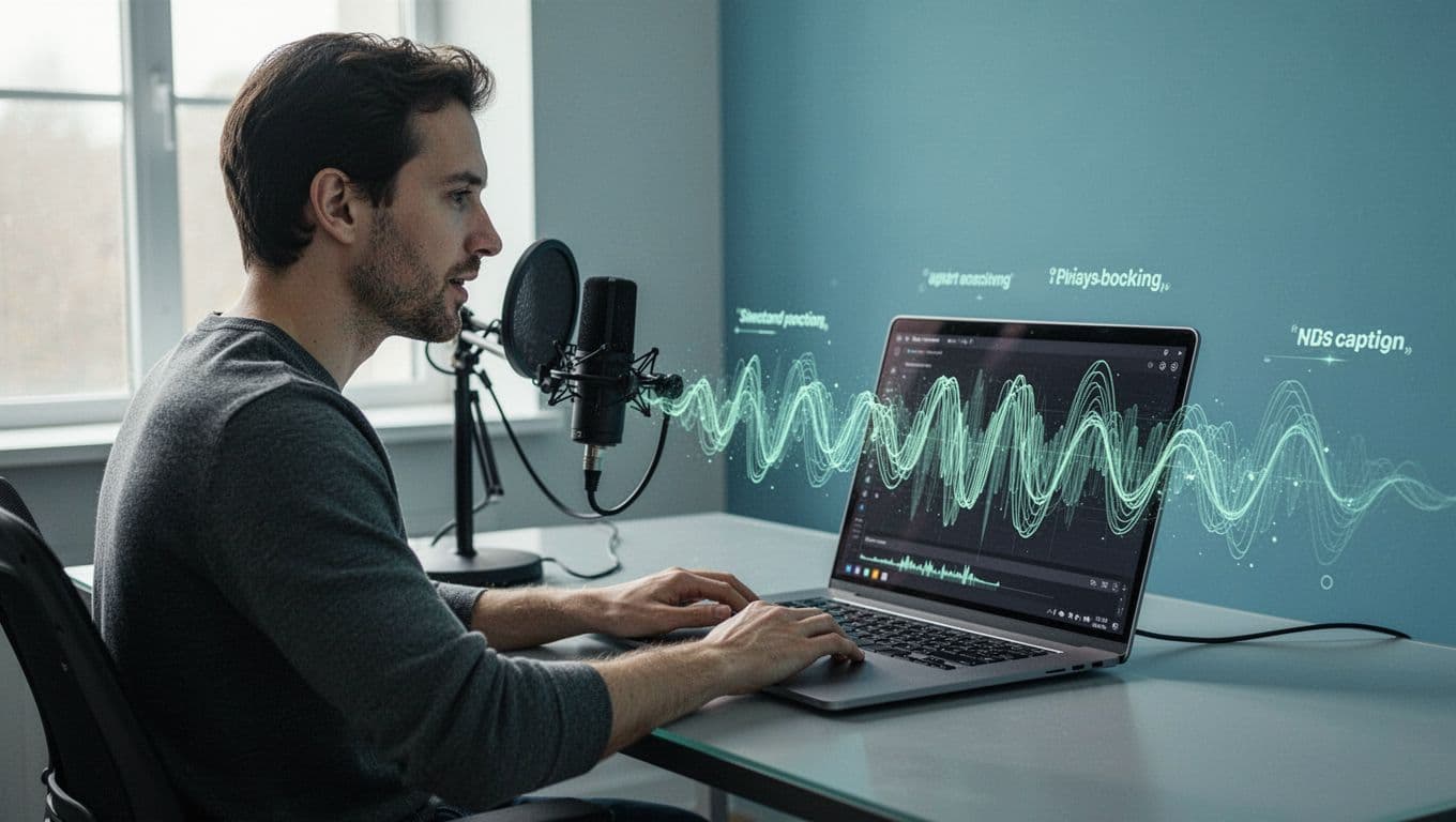 Modern illustration of a podcaster at a desk with microphone and laptop, showing an audio waveform transforming into text captions on the screen. Clean shapes in blue and green palette, side-angle view, simple background, exactly one person.
