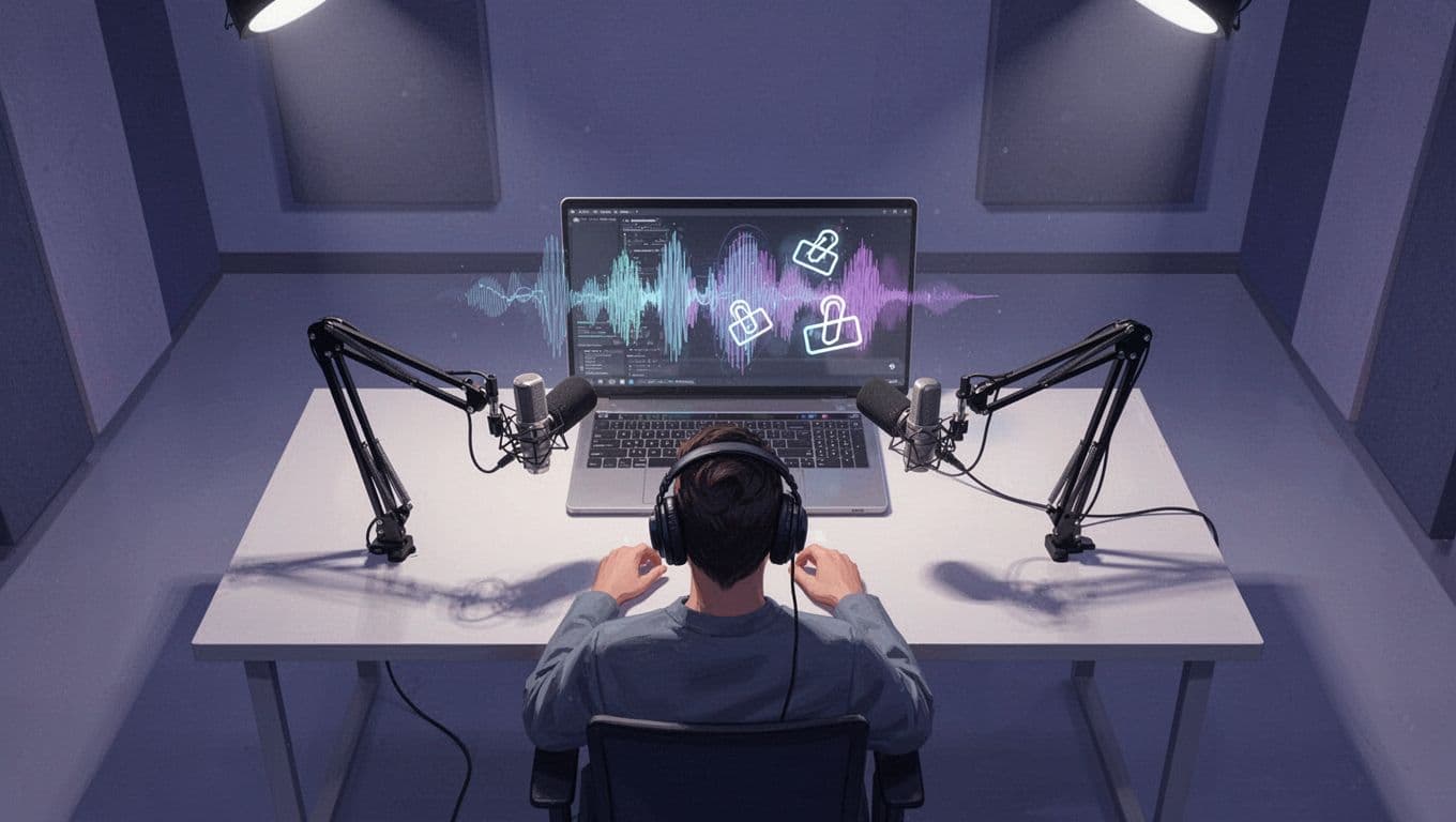 Modern overhead illustration of a podcaster at a desk with microphone and laptop screen showing automated podcast editing icons like audio waves to clips, in clean blue-purple palette.