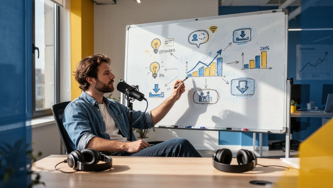 Modern illustration of a podcaster brainstorming content ideas at a whiteboard with podcast episodes listed and stats icons like downloads and subscribers floating nearby, headphones on table, relaxed pose in clean office, blues and yellows palette.