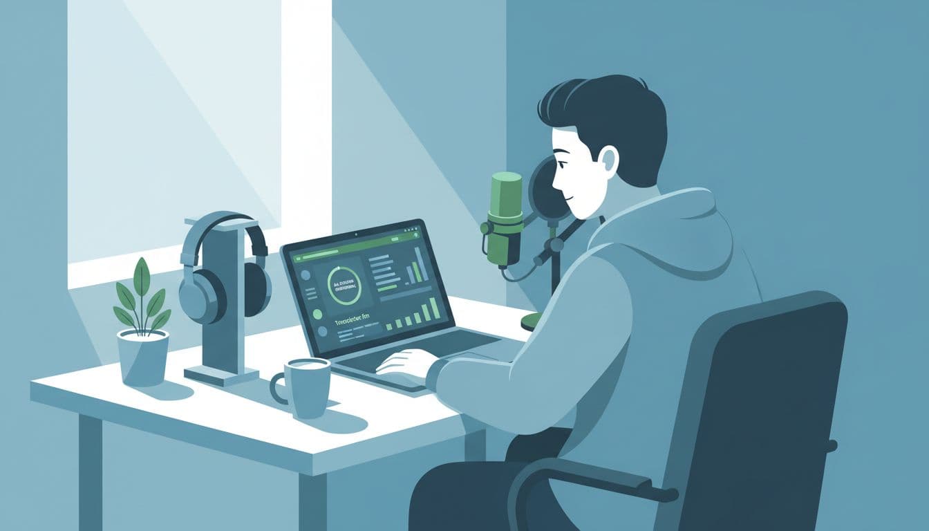 Podcaster at desk views green uptime indicator on angled laptop screen with headphones and microphone nearby.