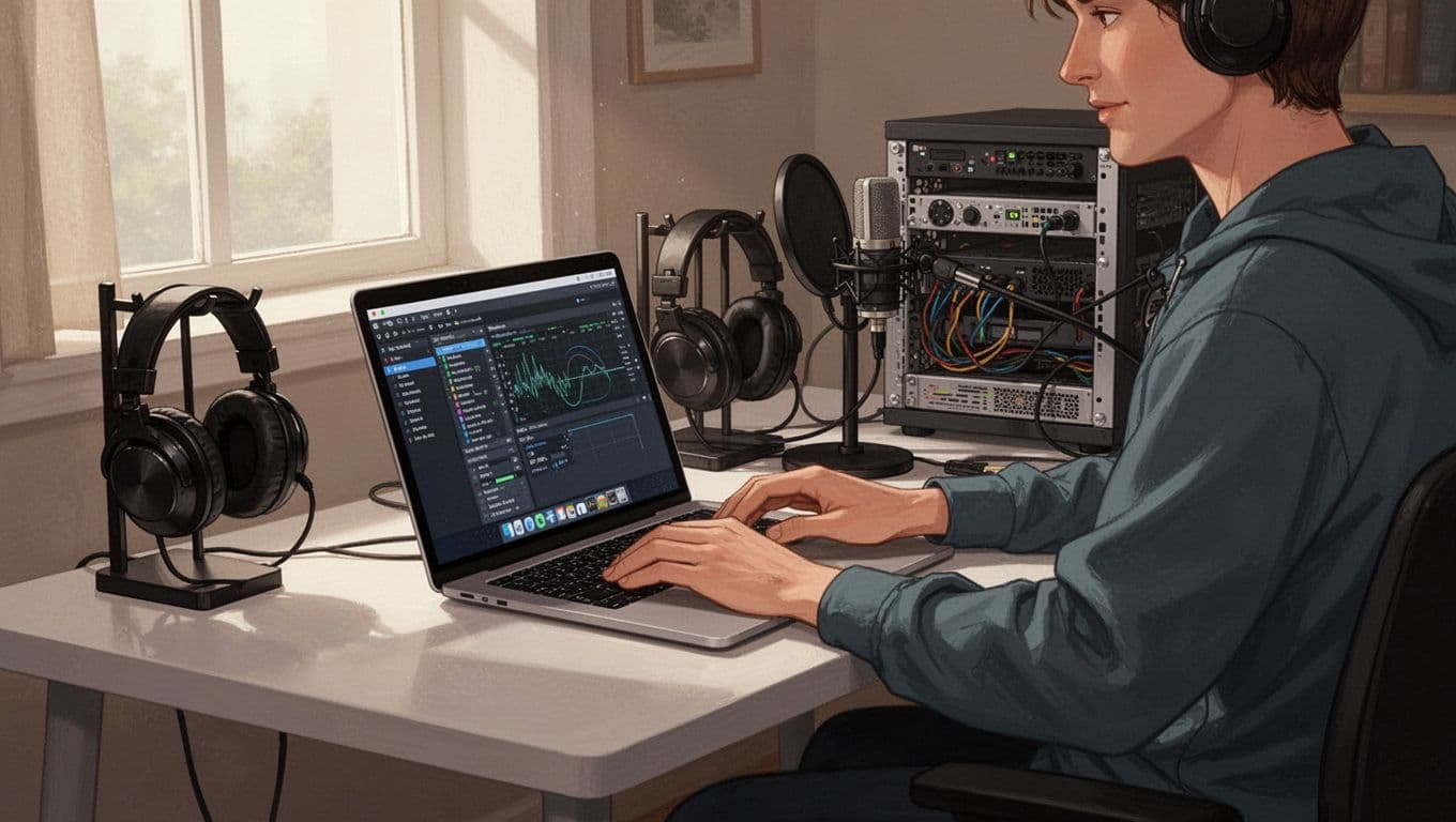 Solo podcaster in cozy studio types on laptop to set up self-hosted podcast server, microphone and headphones nearby, rack server in background.