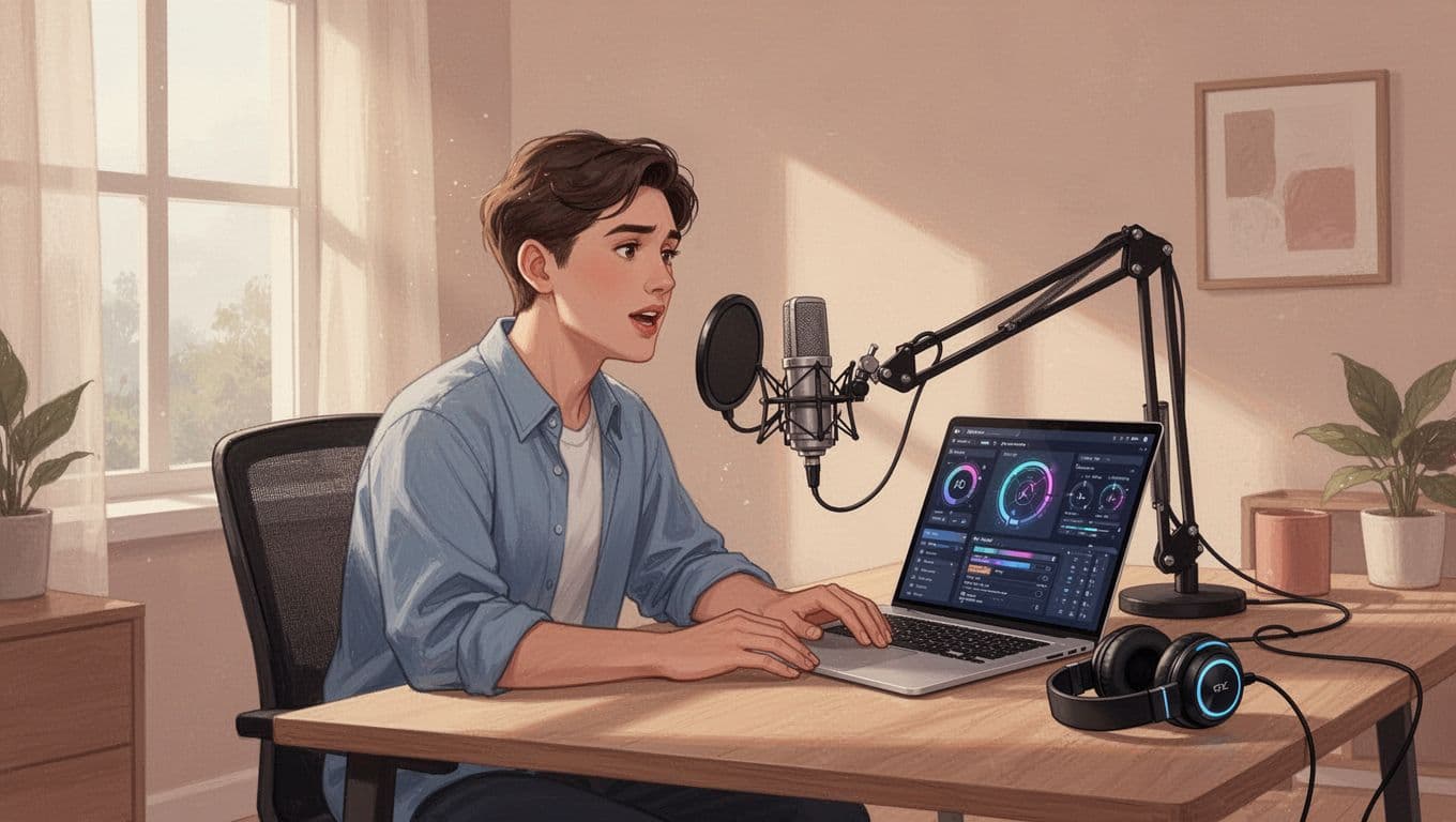 Podcaster at desk with microphone, laptop showing podcast dashboard, headphones on table, soft window light.
