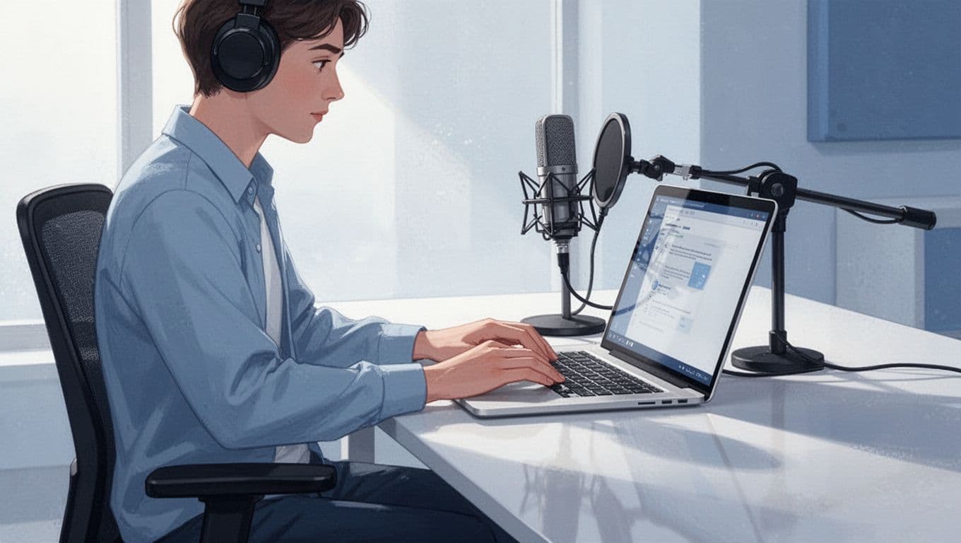 Podcaster at desk with laptop showing podcast dashboard and microphone nearby.