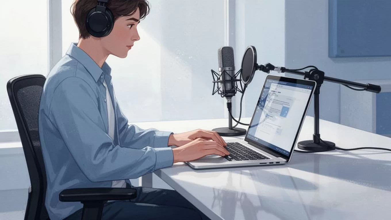 Podcaster at desk with laptop showing podcast dashboard and microphone nearby.