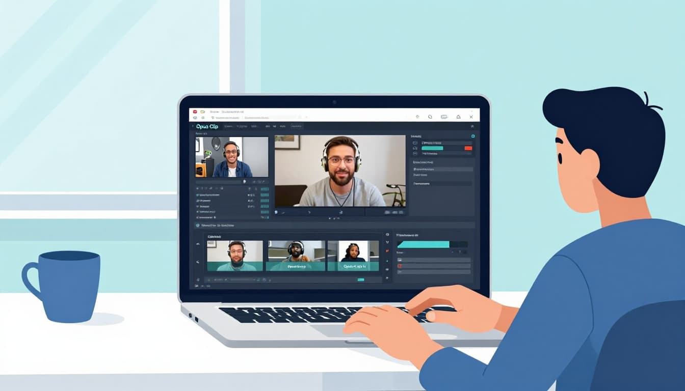 Modern illustration in clean shapes and blues-greens palette showing a podcaster at a desk with laptop open to Opus Clip dashboard editing short video clips from a podcast video, Transistor.fm tab in background.