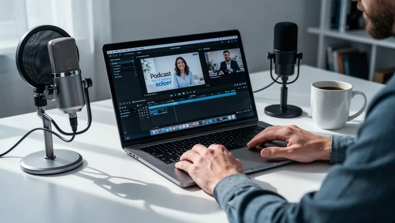 A podcaster at a modern home office desk edits a short promo video on a laptop displaying subtitle options, with a podcast mic and coffee mug nearby in a clean illustrative style using blues and whites.