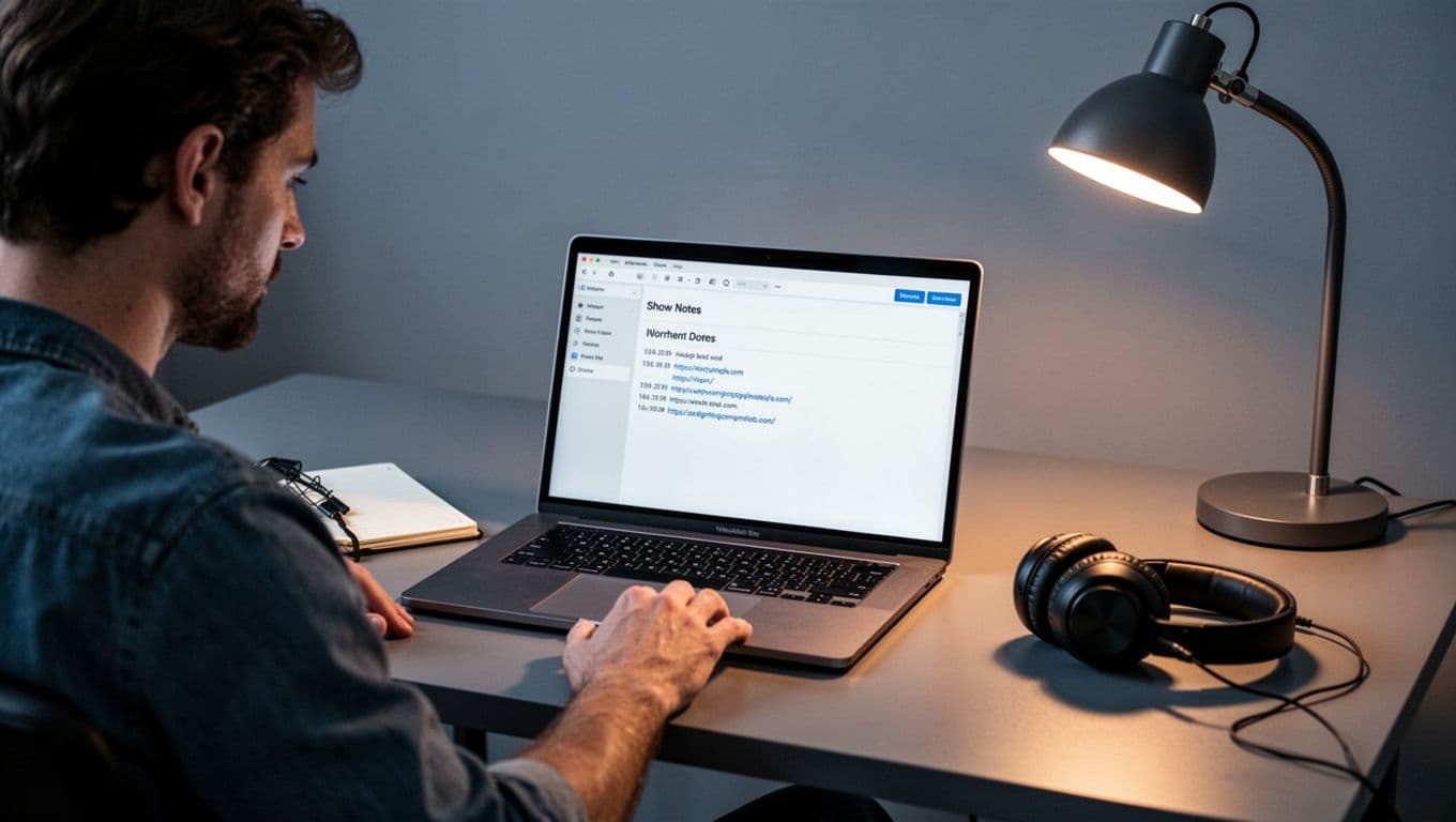 Podcaster at modern desk edits podcast show notes in Transistor.fm dashboard on laptop screen with notebook, headphones, and warm lamp.