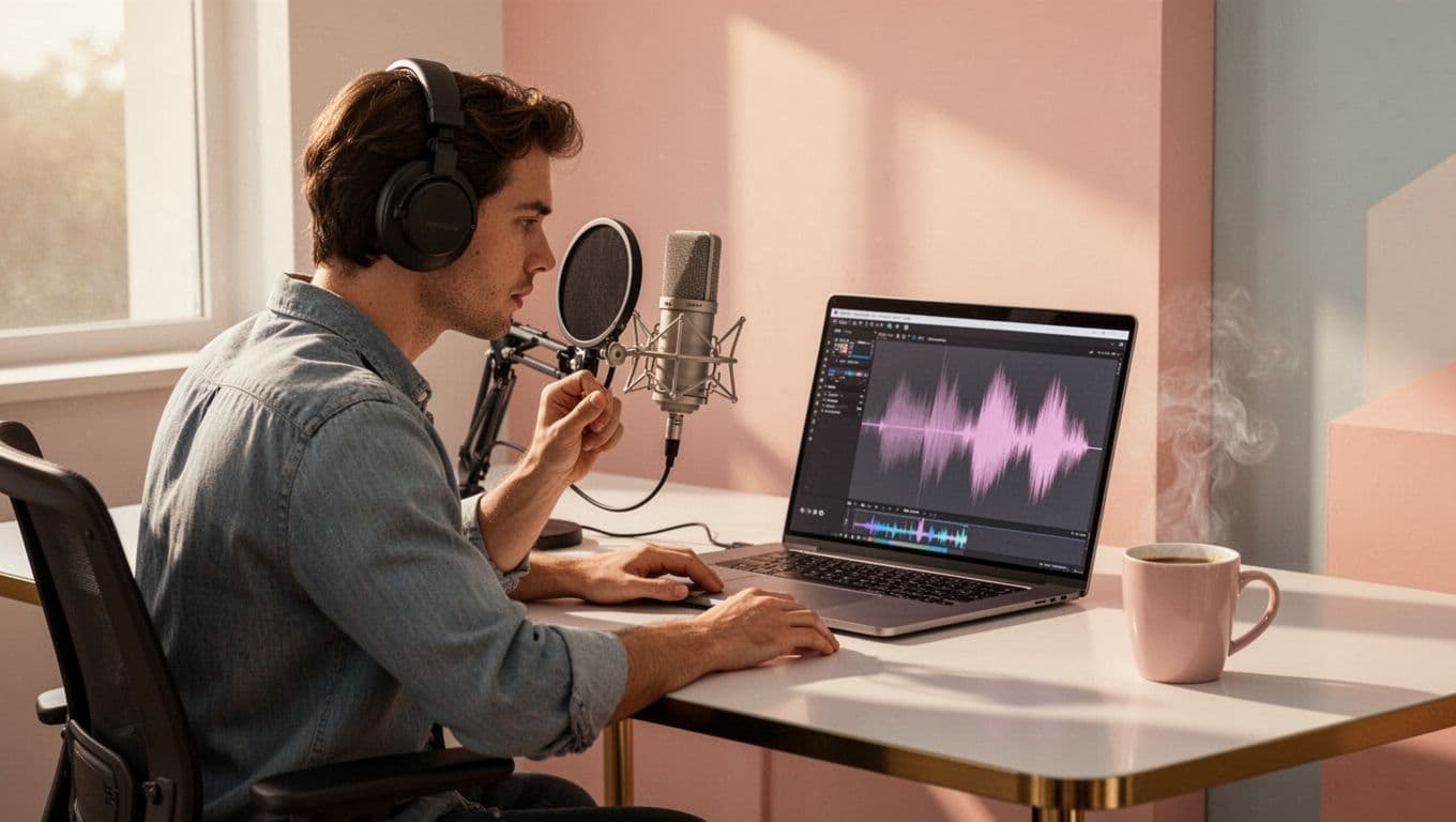 Modern illustration of a single podcaster at a desk with microphone and laptop, editing waveform audio into a short viral snippet, coffee mug nearby, featuring clean shapes, warm lighting, and strong composition.