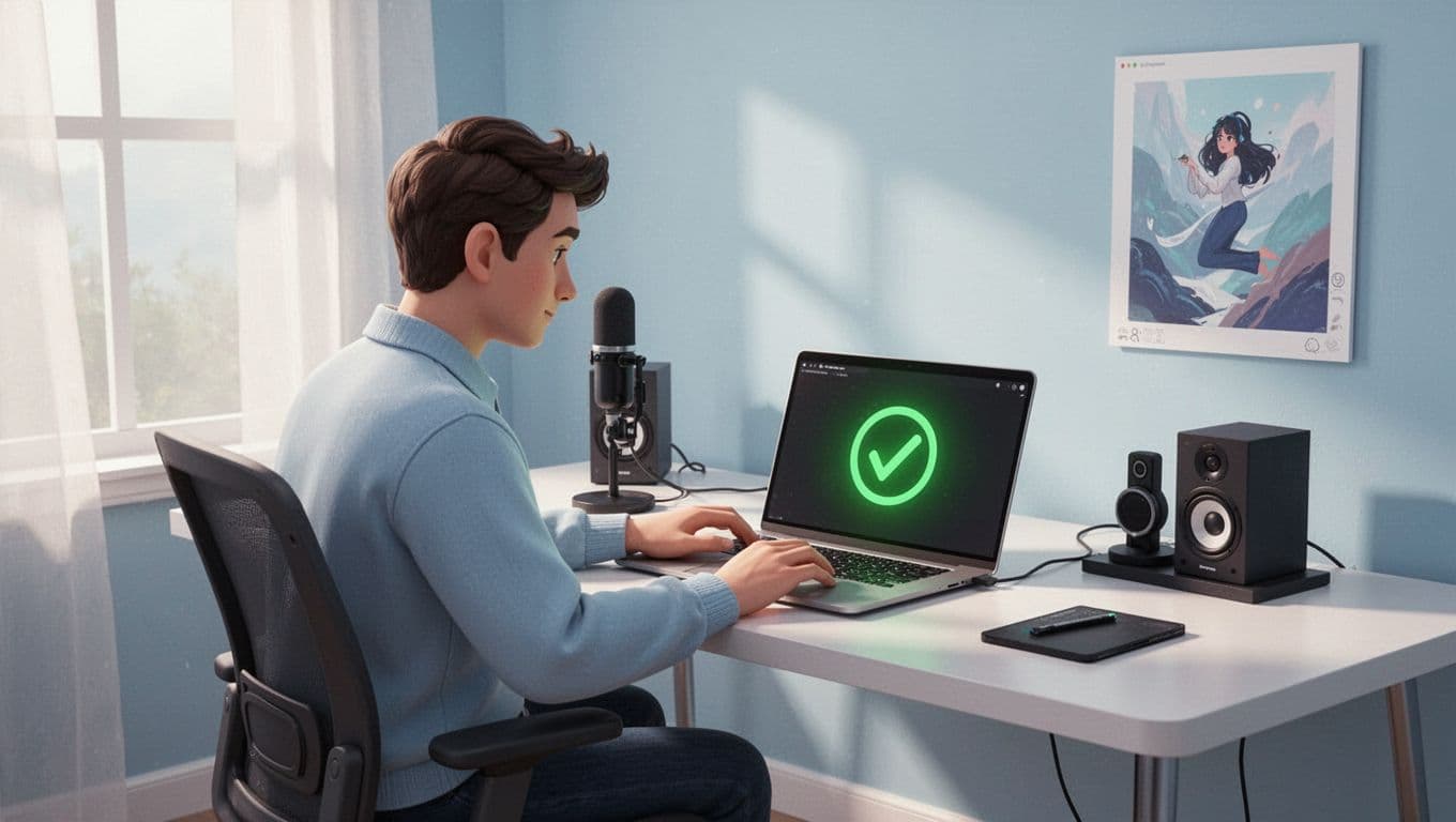 Podcaster at desk relaxes as laptop error icon changes from cross to green check, with artwork and feed tools nearby.