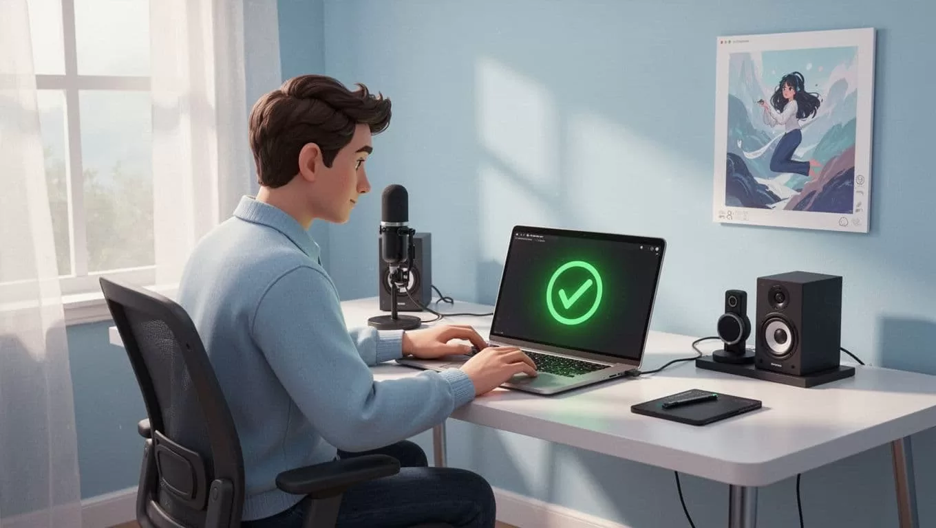 Podcaster at desk relaxes as laptop error icon changes from cross to green check, with artwork and feed tools nearby.