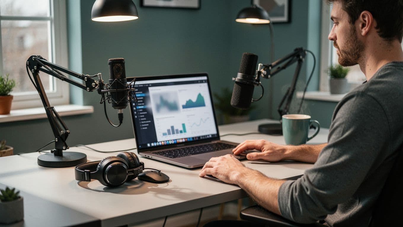 Illustration of a podcaster seated at a clean modern home office desk with microphone stand, laptop displaying blurred analytics dashboard, headphones on mouse, and coffee mug, emphasizing podcast management workflow.