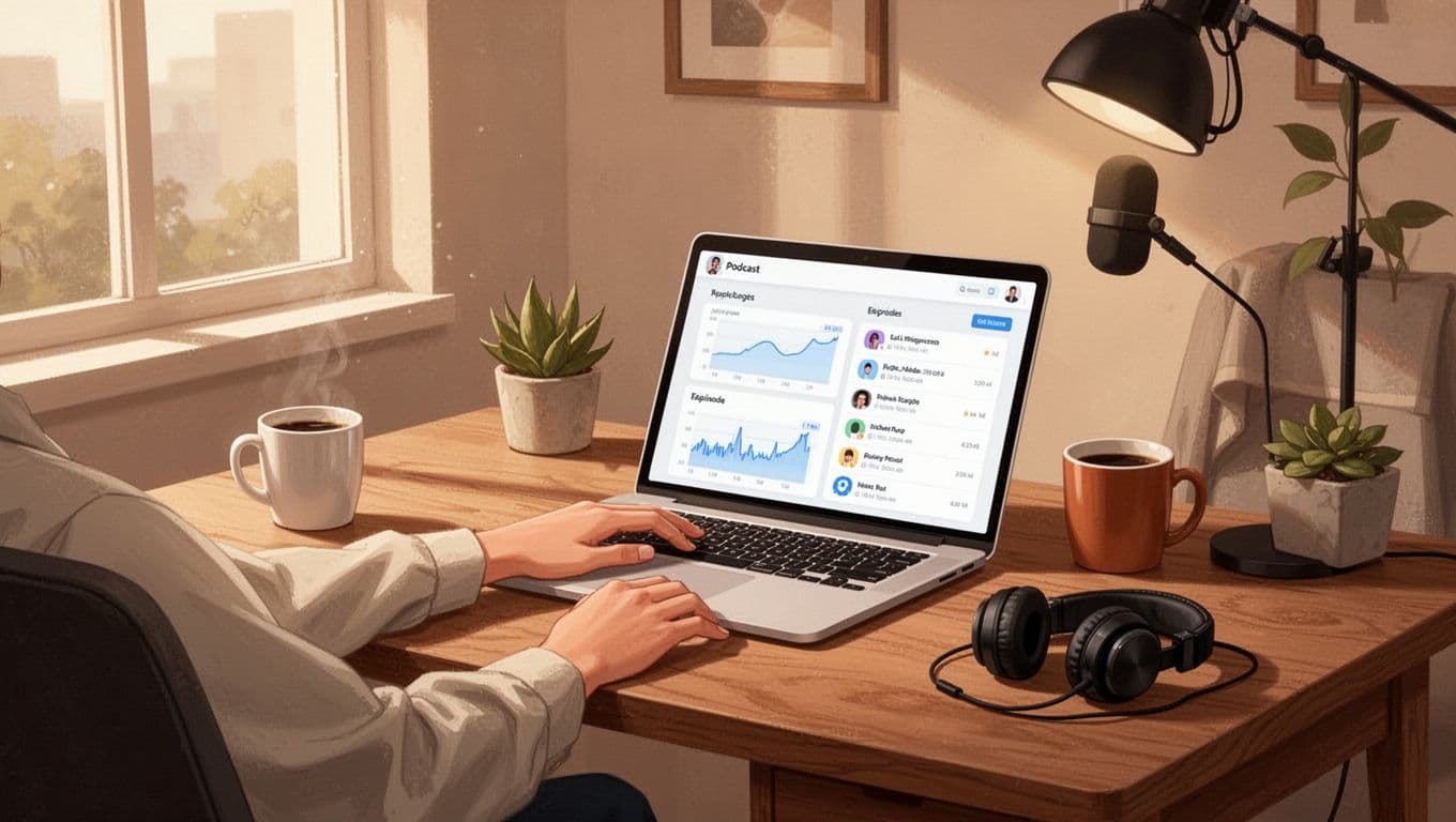 Podcaster sits at wooden desk in cozy home office with open laptop showing podcast dashboard, coffee mug, and headphones nearby.