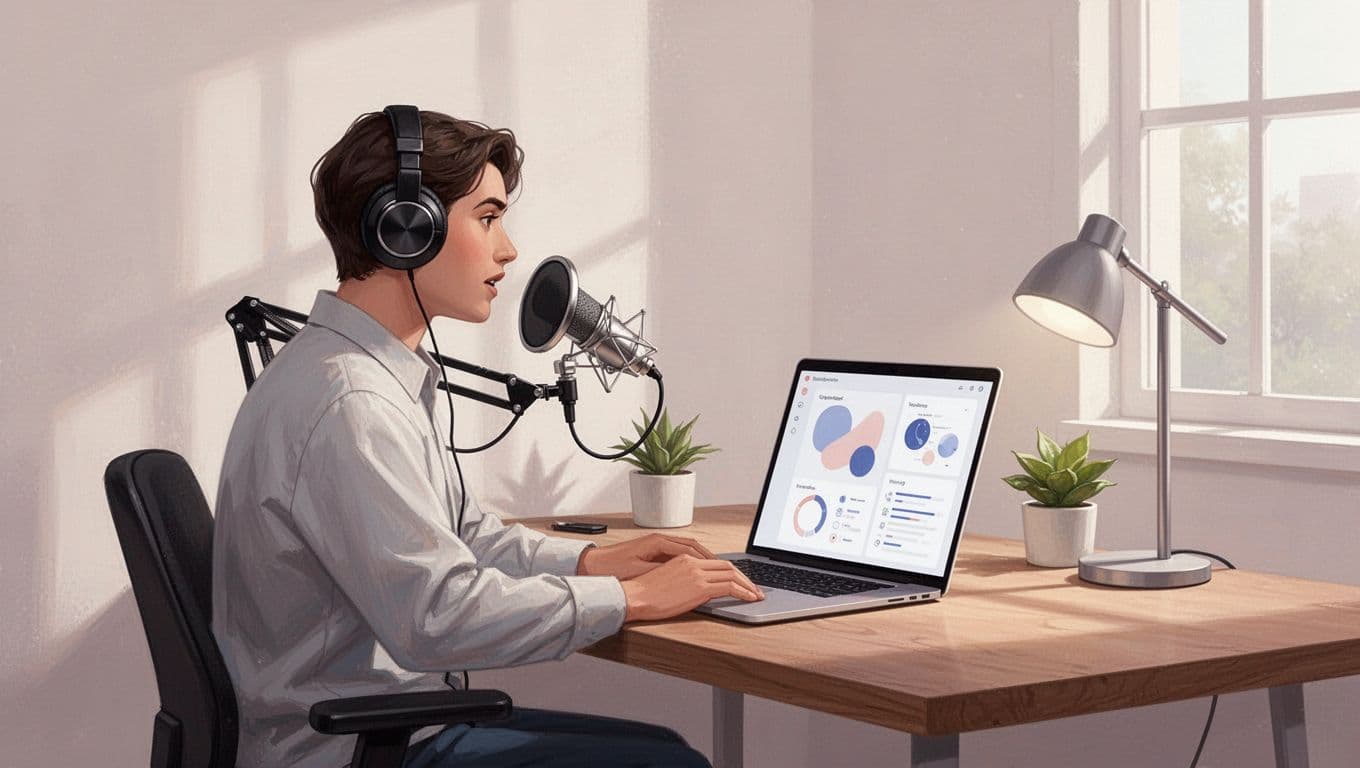 Modern illustration of a podcaster at a desk with microphone and laptop screen showing a clean podcast website dashboard in a simple home office with soft natural lighting.