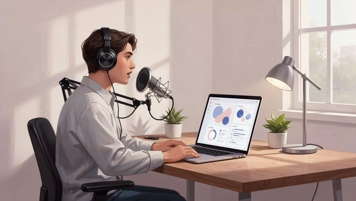 Modern illustration of a podcaster at a desk with microphone and laptop screen showing a clean podcast website dashboard in a simple home office with soft natural lighting.