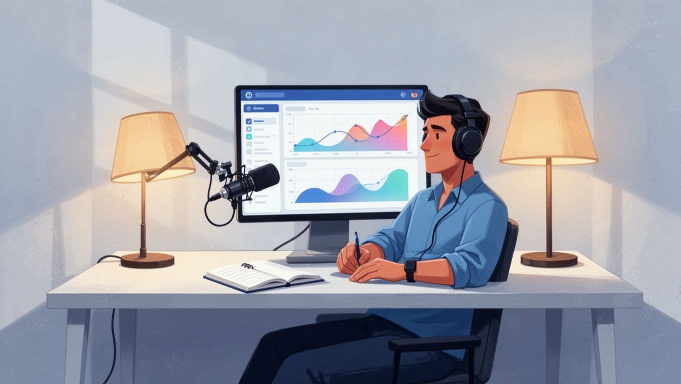 Podcaster at desk in cozy home office examines monitor with KPI graphs for downloads, retention, and growth.