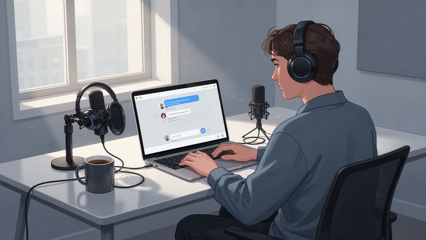 Podcaster at modern desk with laptop open to chat window, headphones, microphone, and coffee mug.