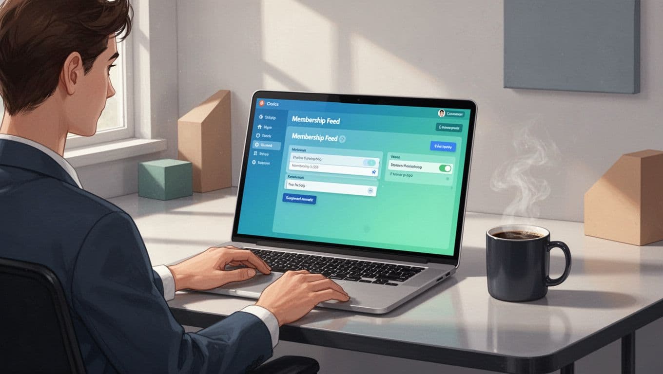 Podcaster at desk with microphone, laptop showing membership feed settings dashboard, and coffee mug.