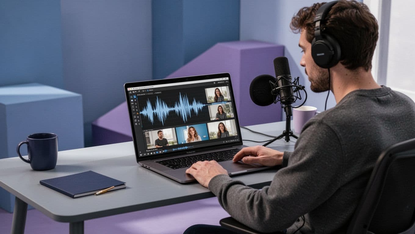 Modern illustration of a podcaster at a desk with laptop screen showing Opus Clip interface connected to Transistor.fm dashboard, waveform audio turning into short video clips, focusing on the workflow from long podcast to shorts.