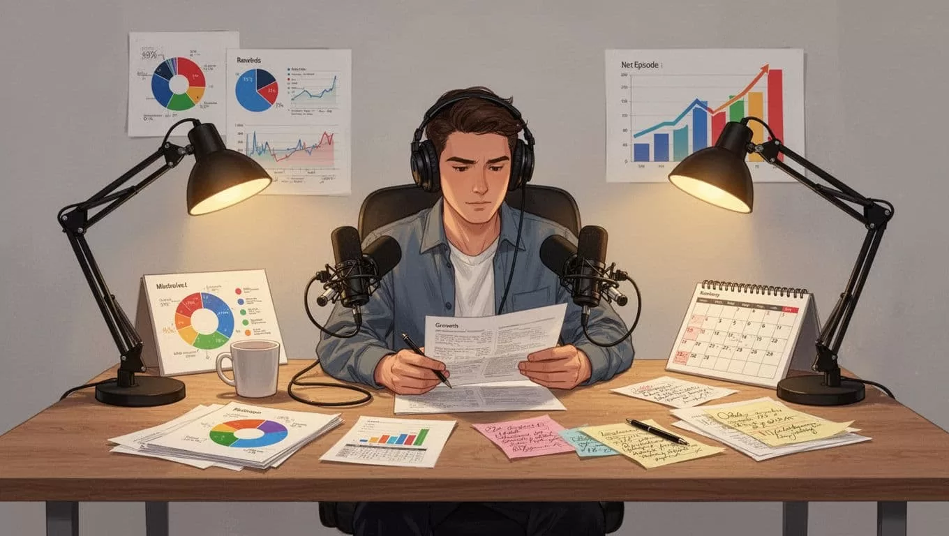 Modern illustration of a focused podcaster at a desk reviewing analytics printouts and audience growth charts, surrounded by calendar and notes under warm desk lamp lighting, clean shapes and strong composition.