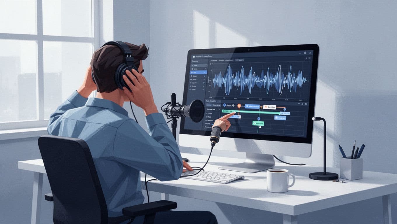 Podcaster wearing headphones listens to computer screen with podcast waveform and ad markers at desk with coffee mug.