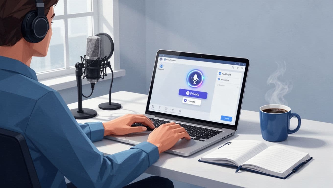 Podcaster at clean desk with laptop open to Transistor.fm dashboard showing add show and private option, microphone, mug, notebook nearby.